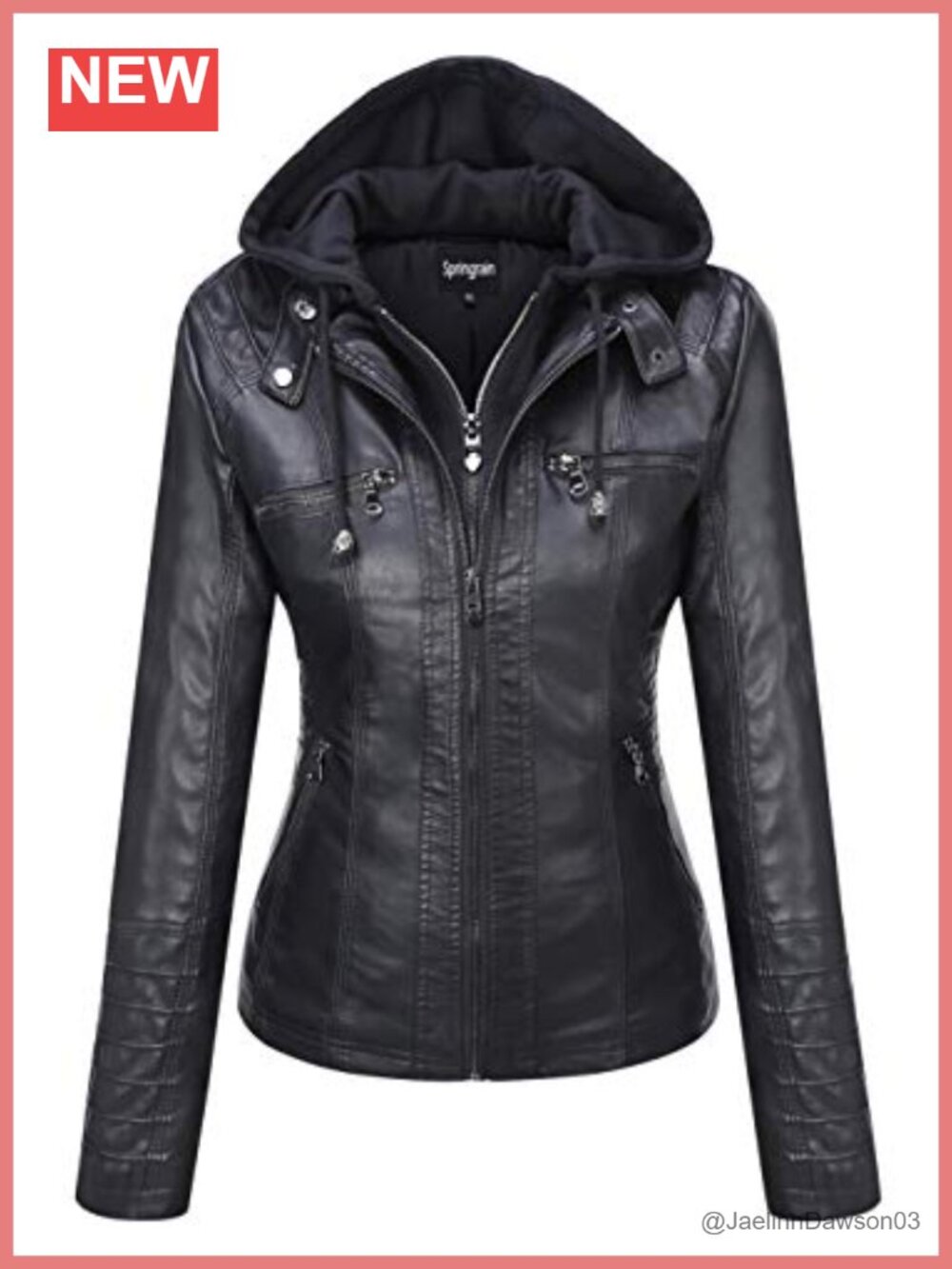 Faux Leather Moto Biker Jacket Removable Knit Hood Zip Pockets